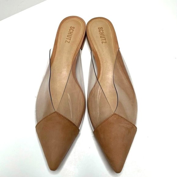 NIB SCHUTZ CLEARLY LEATHER FLAT BEIGE POINTY SLIP ON / FLAT MULE SHOES  … - Picture 1 of 10